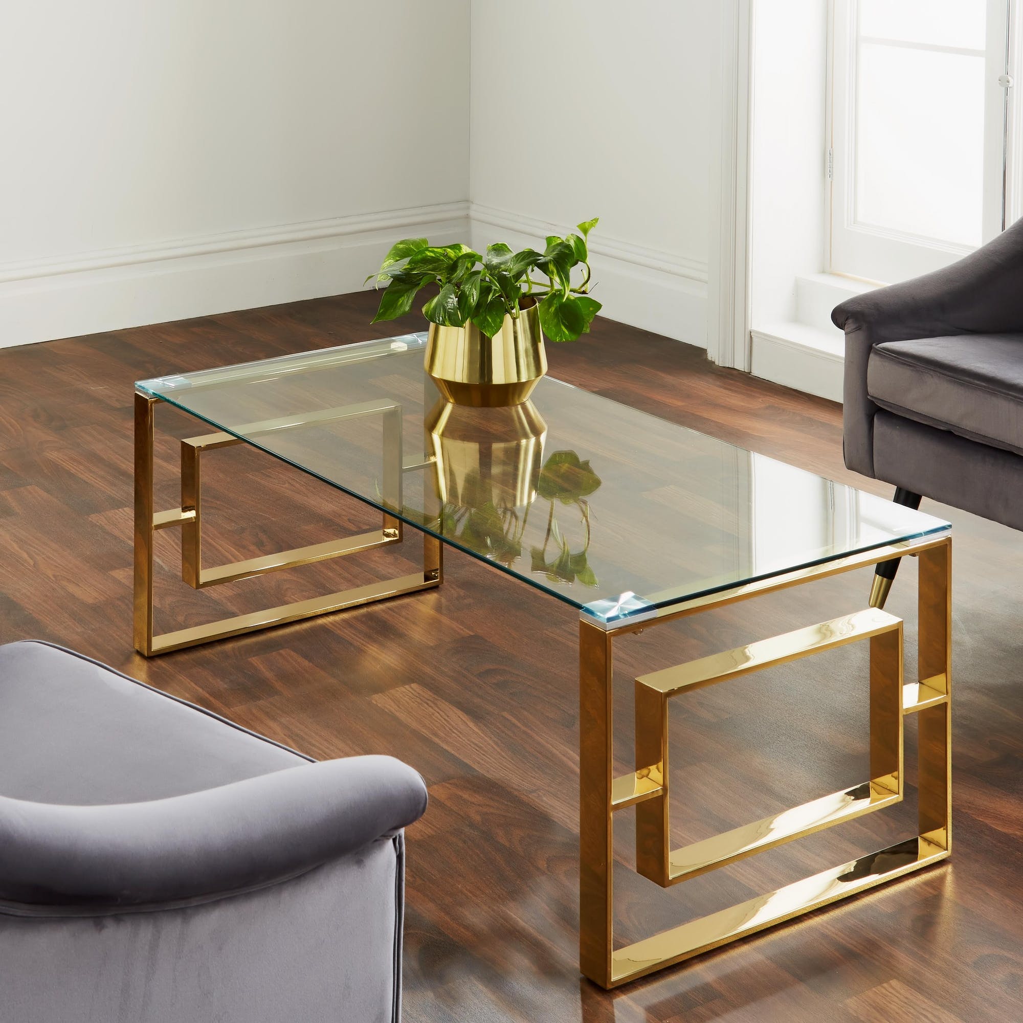 Couchtisch Gold Glas 120cm Milano Metall Tisch Beistelltisch