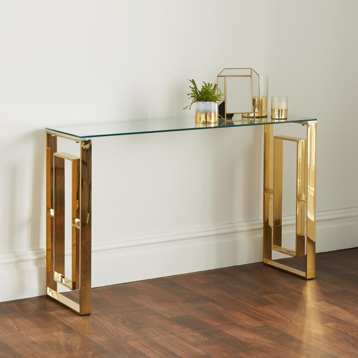 Konsolentisch Gold Glas 120cm Milano Konsole Chrom poliert Tisch Edelstahl