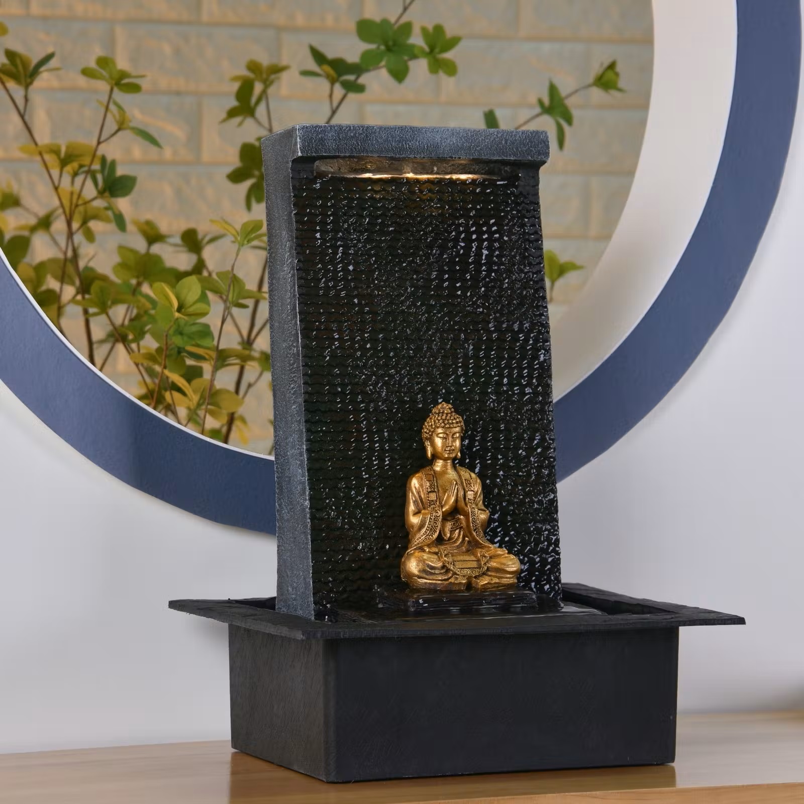 Brunnen Buddha 42cm Grau Gold Beleuchtung Brunnenbuddha Feng Shui