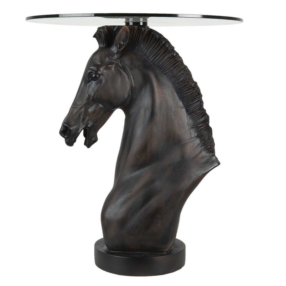 Beistelltisch Pferd Braun Glas rund Tisch Pferdekopf 