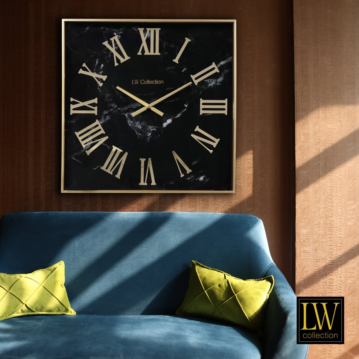XXL Wanduhr Schwarz Gold 80cm quadratisch Metall Quadrat Uhr Wand