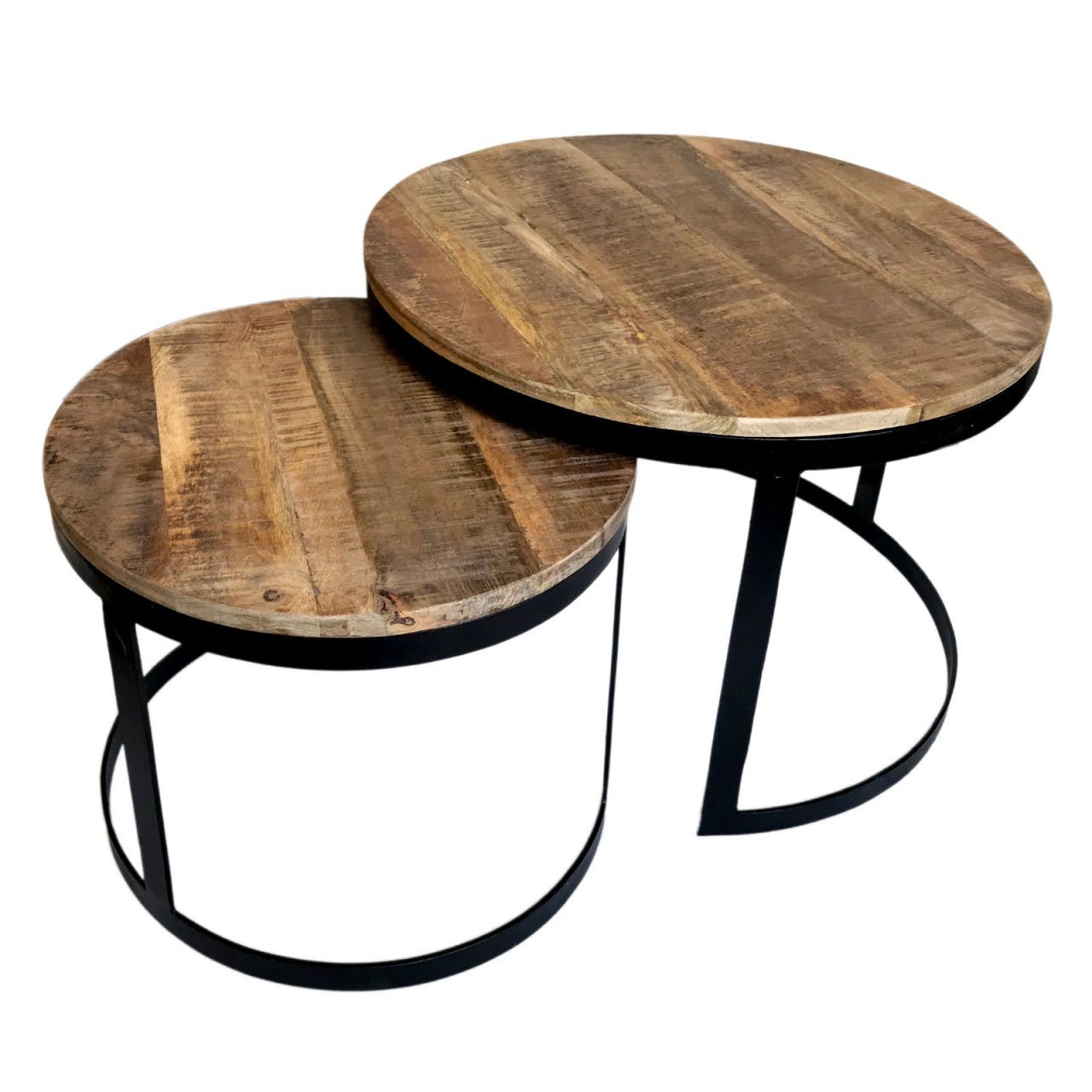 2er Set Couchtisch Holz rund Eisen Braun Schwarz Tisch Beistelltisch